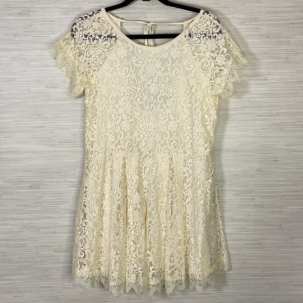 Free People Ivory Lace Short Sleeve Open Tie Back Dress XS Cream